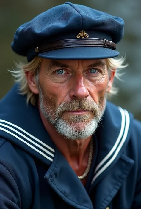 A man dressed in an all blue seaman uniform and wearing a blue cap, his eyes were blue and hair blond with a slight beard                         