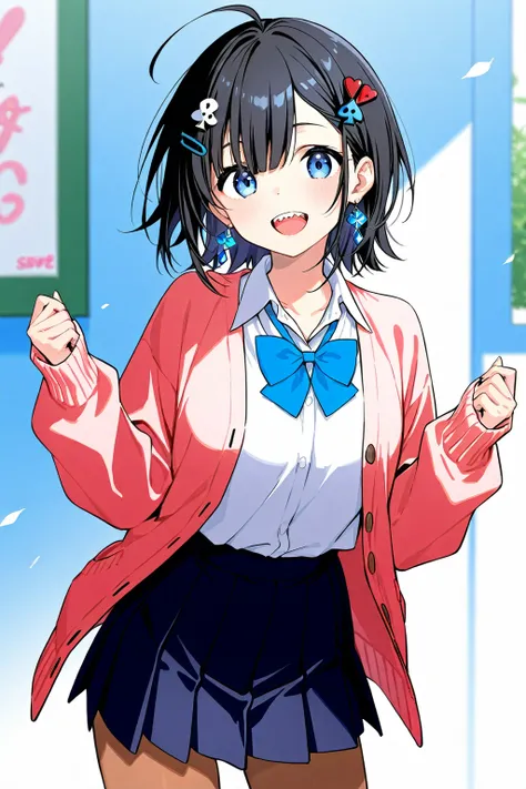 High image quality
 Female High School、Blue Eyes、 black hair、 semi-long、Ahoge、 asymmetrical bangs , 、front、 school uniform、Simple eyes、solo, whole body、Background white、Standing、Fancy earrings、spade-shaped hairpin、 short skirt、 brown skin 、Energetic 、Doubl...