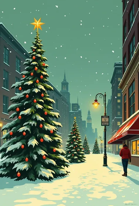  Real illustration images from old American magazines， Light Green Base 、 New York 1980s  、Christmas season、Snowy Dusk  、  Christmas Trees That Arent Too Real 、masterpiece, 