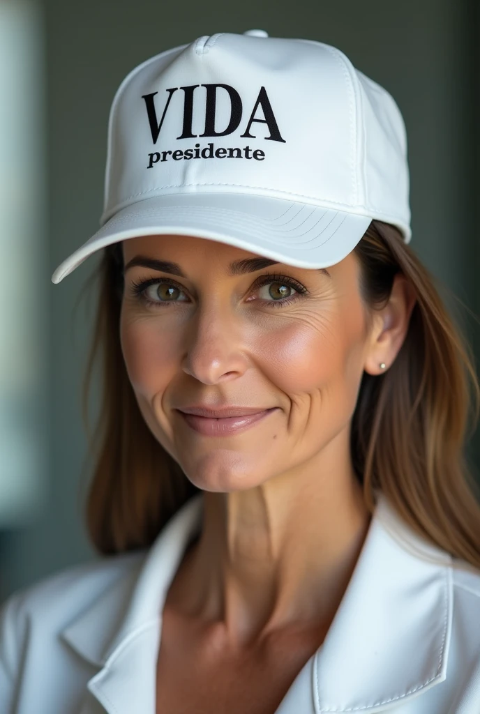 Woman with white cap, The cap has the letters V I D A and below the word president in Spanish.