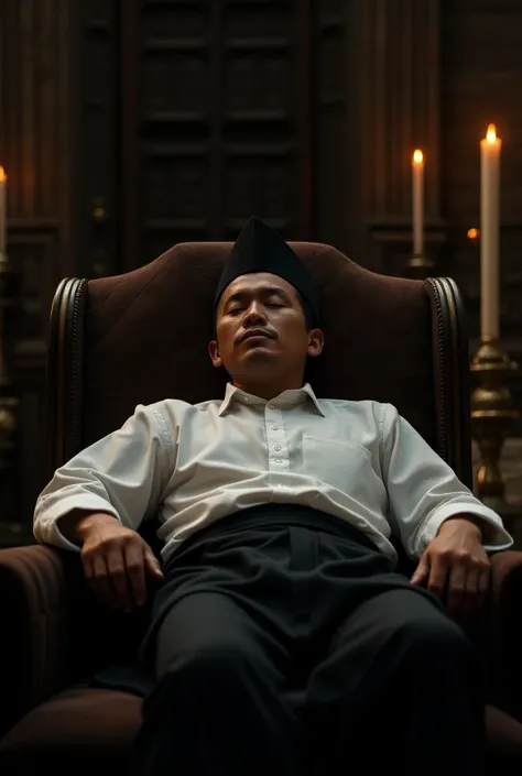 Canon camera shot,hyper realistic ,ultra hd of
A sundanes man in his 30s with (peci hitam), white shirt and santri saroong sitting in medieval armchair sleeping
