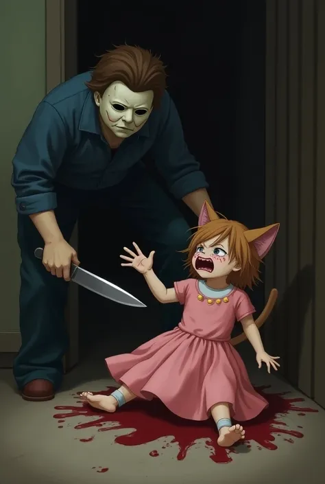 Young Michael Myers stabbing a kitty  who is a cat kitty who is a girl wearing a pink dress and the kitty is crying and stabbing her bum and she is on ground bleeding 