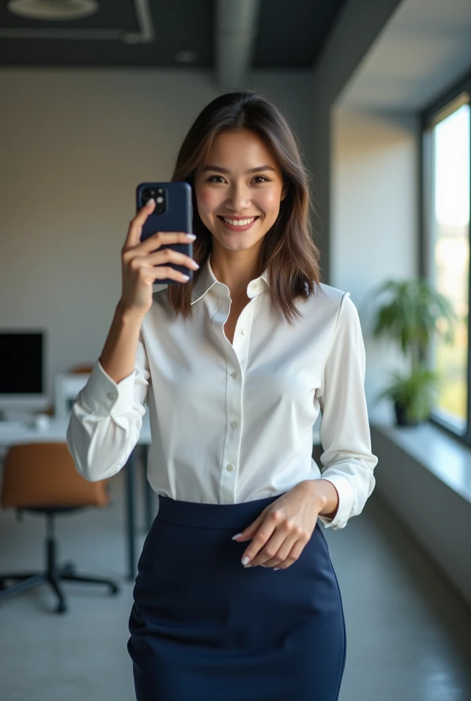 Beautiful young woman taking a selfie, Taken with iPhone camera , ชุดออฟฟิศ , ที่ทำงาน