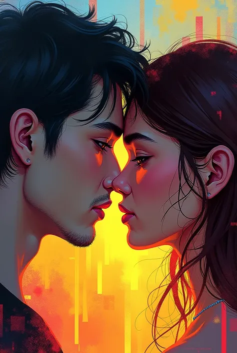 Create an abstract art of two people of opposite genders looking attracted to each other(Just the image of the faces) ,   for a book cover  
( It has to be abstract,  vivid colors )