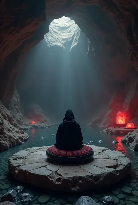 "A massive, black meditation grotto with a natural, rugged ceiling, resembling an expansive underground cavern. The rocky walls are embedded with faintly glowing red crystals, casting a dim and ominous red light. The floor is covered in ankle-deep clear wa...