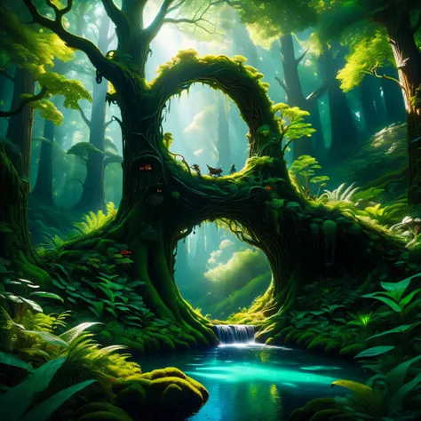 detailed hyperrealistic masterpiece, dynamic, incredible quality, lush forest, intricate details, cinematic lighting, vibrant colors, photorealistic, 8k, highly detailed, award-winning artwork, breathtaking composition, dramatic atmosphere, sweeping landsc...