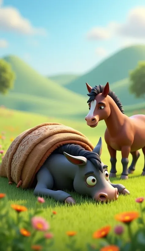 A Donkey (big bag on his back) exhausted laying and horse seeing him in the field 3d animated cartoon