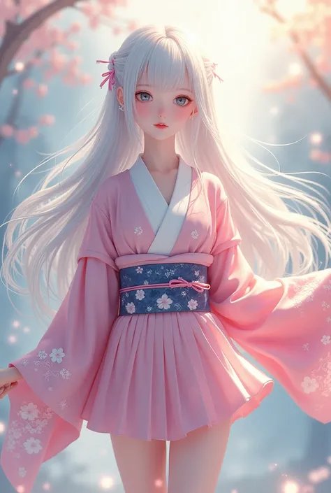 White-haired girl wearing kimono in 3 pastel colors and miniskirt