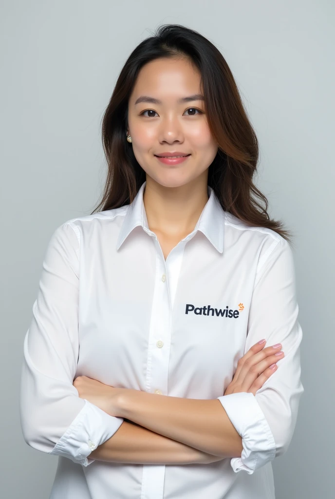  A person posing for a photograph wearing a white shirt that has their company name on it: Pathwise . 