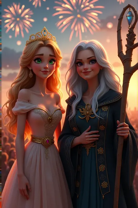 Celebration in the Kingdom): "Back in the kingdom, the people celebrate with joy as the princess and the reformed witch stand together, looking out over the happy crowd. Fireworks light up the evening sky."
Princesss Face Prompt: "A young princess with fai...