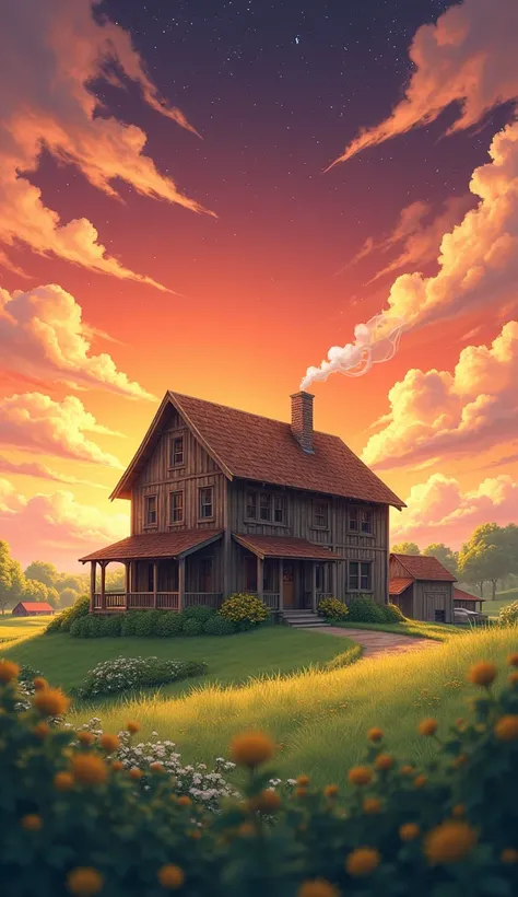 CREATE A WOODEN HOUSE ON A ,  FARM WITH ORANGE ANIME SKY WITH STARS 