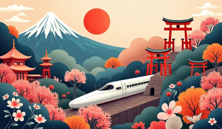 "Create an abstract and soft-textured artwork in a 16:9 widescreen format with no empty spaces. Fill the composition with diverse colors or iconic symbols of Japanese culture, such as cherry blossoms, Mount Fuji, sushi, tea ceremony utensils, Shinto shrine...