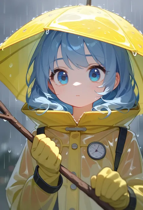 Fraction_9,Fraction_8_up,Fraction_7_up,masterpiece, 1 Girl， Best Quality ,  high resolution ,  super detailed，Three-headed body ，close up， A comic about a girl in a raincoat holding a stick, heavy rain boots，Overcast and rainy ， Girl in a lemon raincoat,  ...