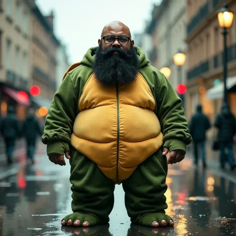 Highly realistic and detailed photograph of a fat black man, 38 years old, average height 1.72, bald (shaved head), large head, large jaw, large black beard, wearing square prescription glasses and black frames, dressed in a stuffed turtle costume in a squ...