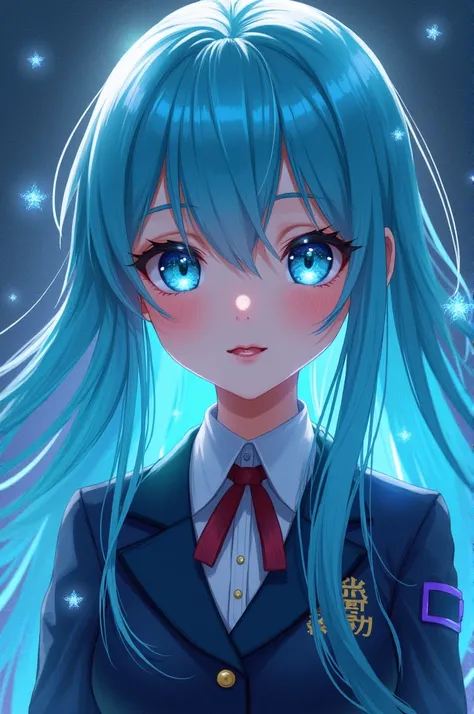 A girl with long cyan hair, blue white star eyes and wearing a uniform