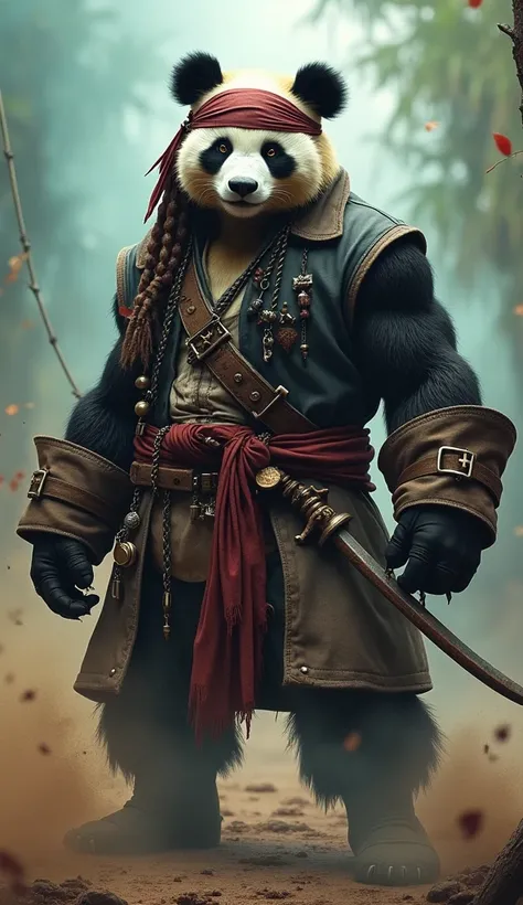 
"A muscular anthropomorphic panda, inspired by Captain Jack Sparrow, stands confidently against a hazy backdrop with swirling, multicolored dust in the air and around his feet. He wears a worn pirate coat adorned with trinkets, a bandana over one ear, and...