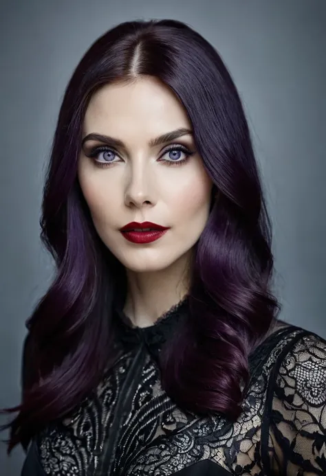 A portrait of a beautiful woman whose facial features are a combo of Elizabeth Olsen + Megan Fox + Elyse Levesque + Alexandra Daddario. The woman is in her late 20s or early 30s. The woman has pale white skin and long dark-purple hair. The woman wears a sl...