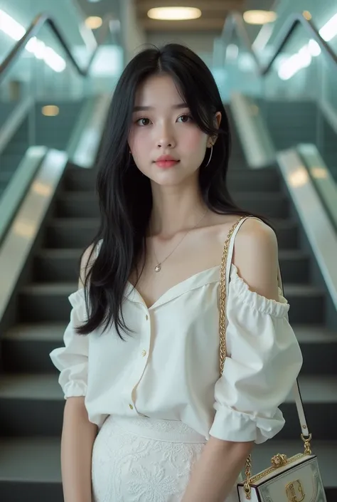 original photo of a beautiful girl, beautiful eyes, neat straight black hair slightly loose, wearing a contemporary teenage outfit, wearing a necklace, wearing a white skirt with an elegant pattern, climbing the stairs of a mall excavator, carrying a small...