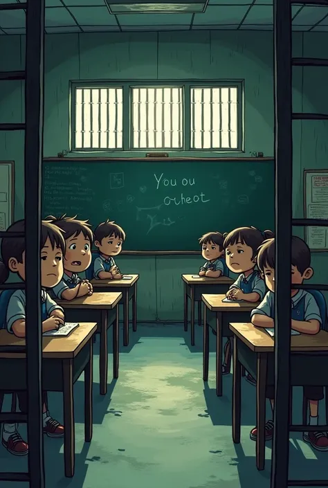 I want several scenes from a cartoon where you see a school as a prison in which you can see a classroom with bars on the windows and the door, several small ren sitting reflecting sadness and some desks symbolizing rigidity and control in schools.. Add so...