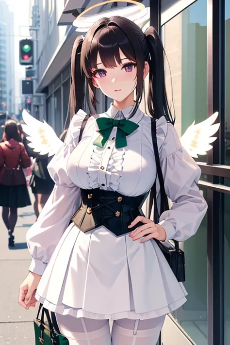 White Skirt, black haired,  twin tails, White Skirt,White Pantyhose, Corset , 8k, masterpiece,detailed halo ,************  extremely detailed face,medium breast,  solid circle eye ,Wings at the waist, purple eyes, Godley,detailed shading, depth of field,(G...