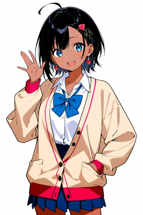 High image quality
 Female High School、Blue Eyes、 black hair、 semi-long、Ahoge、 asymmetrical bangs , 、front、 school uniform、Simple eyes、solo, whole body、Background white、Standing、Fancy earrings、spade-shaped hairpin、 short skirt、 brown skin 、Energetic 、Doubl...