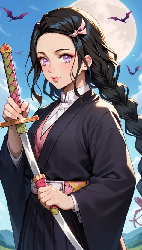 Anime character with long hair holding a sword in front of a full moon, cute face in Demon Slayer art, Kimetsu no Yaiba, inspired by Demon Slayer, Yoriichi Tsugikuni, Demon Slayer Artstyle, Demon Slayer anime image, Tanjiro Kamado