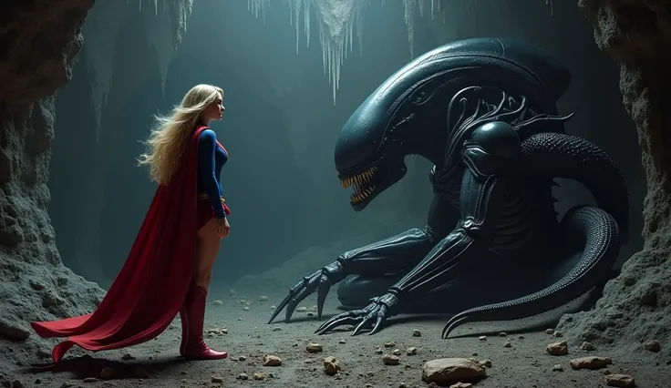 Supergirl in a cave next to a giant xenomorph lying on the ground