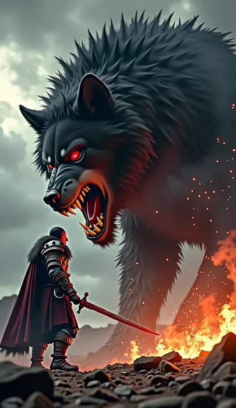 Show Vidar, the son of Odin, facing Fenrir, the terrifying giant wolf of Norse mythology, amid the chaos of Ragnarok. With his fierce eyes glowing a deep red, Fenrir displays sharp fangs and an expression of pure aggression. His thick black fur is stained ...