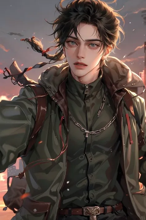 masterpiece, best quality, Detailed Eyes, 1 man, handsome, tall, fit, black hair, green eyes, bust, bust, artist:fashionable,  wearing multiple layers of court attire , masterpiece, [20&#39;s, very small head, very small face],  shining eyes , hair over ey...