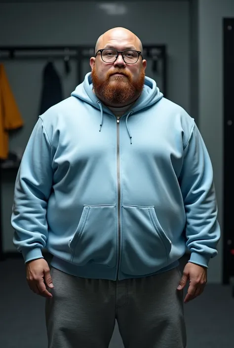 Top light blue pull-on cardigan hooded sweatshirt，Chinese fat men are obese ，Short inch head ， very short ，Bright big eyes， big round face ，Very round chin ， full cheek and round beard ，The chest that sticks out is very big and developed ，Black round glass...