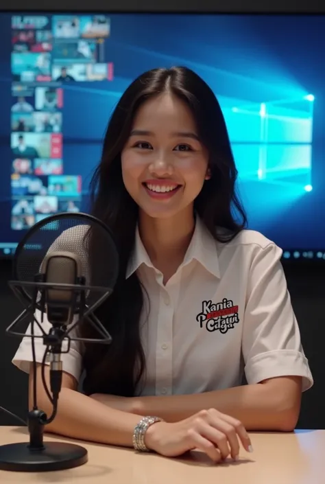  The photo looks slightly sideways A cute cute  presenter age  long black hair, wearing a presenter shirt that says KANIA PRATIWI GAGA ,  seen sitting on a chair VERY clearly visible elongated table podcast , seen mic ,  tv behind girl .  Photo quality ult...