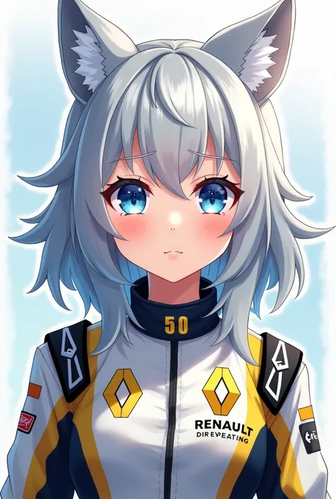 An anime girl with bright blue eyes, silver hair with wolf ears ,  and with a wolfs brow, also wears a racing jumpsuit with the Renault symbol