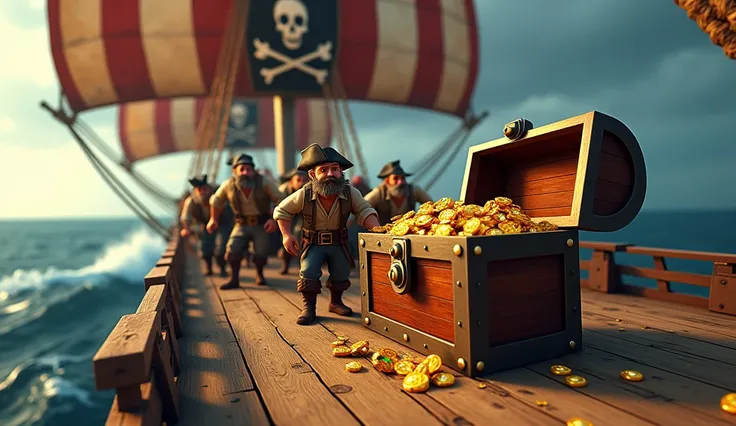 close-up On a pirate ship ,  on a sail with a cross bone skull print , a huge group of pirates , ferocious,  is dragging a huge treasure chest ,  gold and falling jewels strewn across the floor of the boat , 3d animation style