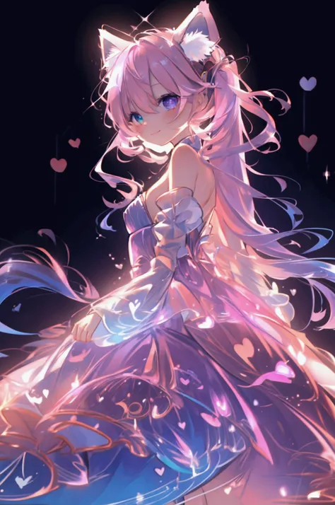 masterpiece,  best quality,  1 girl, Alone,  girl、Petite、Small breasts、 light pink hair , Pink cat ears、Pink cat tail、Long Hair,  twin tails, Heterochromia, (( right eye is light blue)), ((Purple left eye )),  cute dress ,  cleavage 、 Long Sleeve , Frilled...