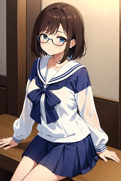 Im wearing a sailor suit with long sleeves that are slightly transparent　Larger breasts　 brown hair　 short hair 　Rooms in the house　 wears glasses　 blue short skirt 