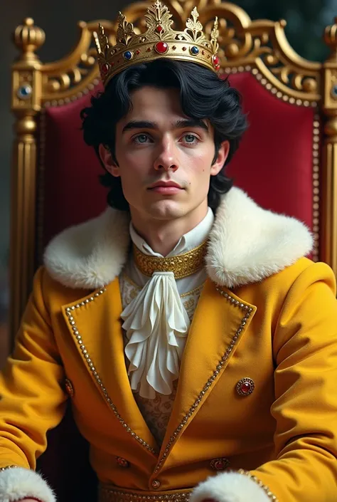 Generate a prince 23 age with crown in his head and the color of his hair is black and the color of his king dress is royal yellow combination of white and red his eyes is color gray his sitting in a golden chair 