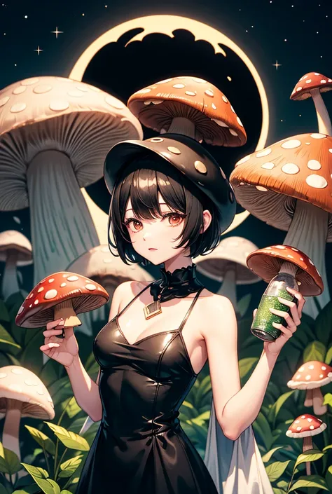 Mushroom man, short hair, black dress, holding bottle on full moon night 