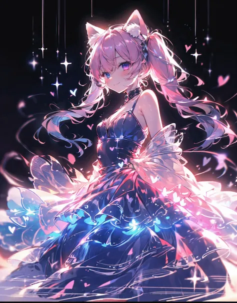 masterpiece,  best quality,  1 girl, Alone,  girl、Petite、Small breasts、 light pink hair , Pink cat ears、Pink cat tail、Long Hair,  twin tails, Heterochromia, (( right eye is light blue)), ((Purple left eye )),  cute dress ,  cleavage 、 Long Sleeve , Frilled...