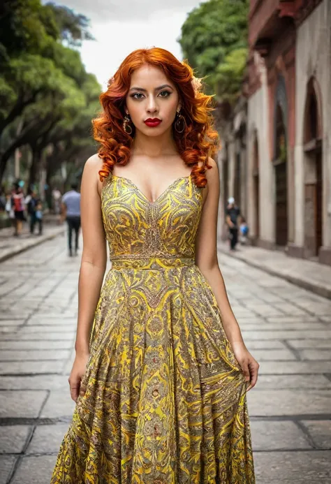  (egyptian) girl , yellow eyes , red  locks , in elegant vintage long   dress in México city actual , 