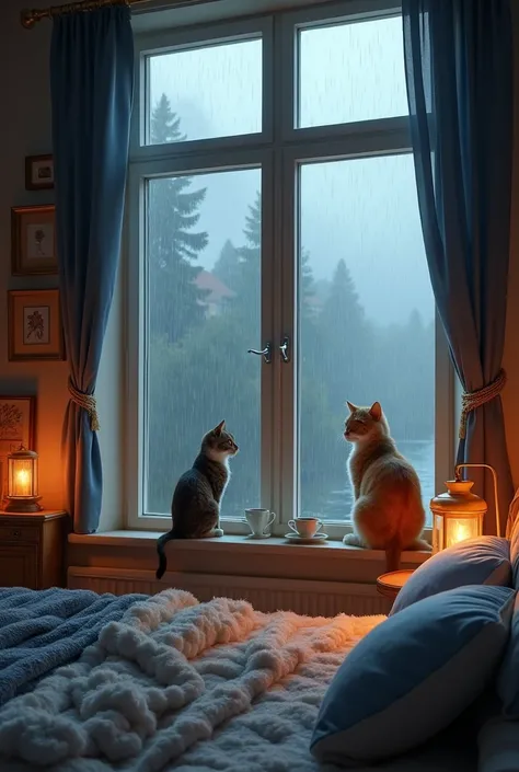 Big window . Rain. Cozy comfortable bed blanket  . cushion. Fireplace. No man. Two coffee cold cup. Cat see the rain