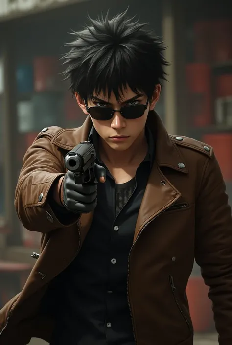  young man with sunglasses wearing brown leather jacket and brown leather gloves(Kuwabara Minoru )but『Oops、 dont think you can escape from me 』 sound of a handgun ( buckets )