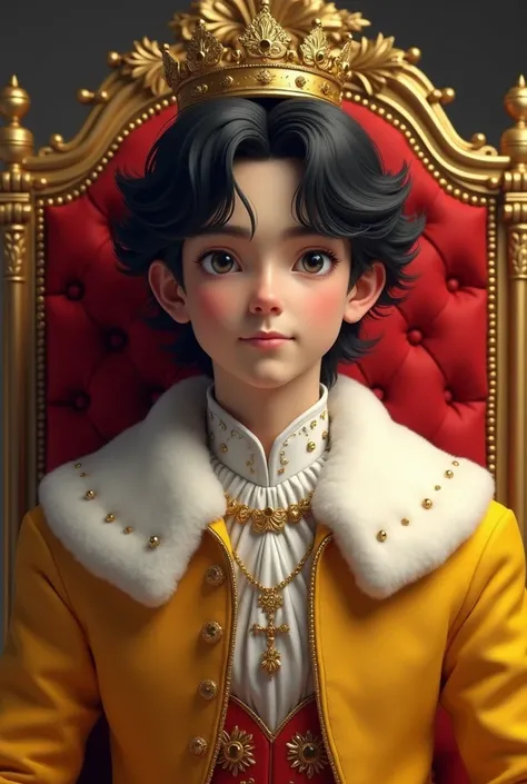 Generate a prince 23 age with crown in his head and the color of his hair is black and the color of his king dress is royal yellow combination of white and red his eyes is color gray his sitting in a golden chair 