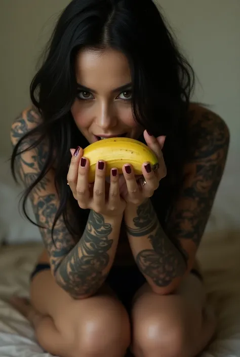 Beautiful dark haired brunette with arm tattoos and sucking a banana in her mouth with her lips wrapped tightly on the banana. She is kneeling. Ultra realistic picture