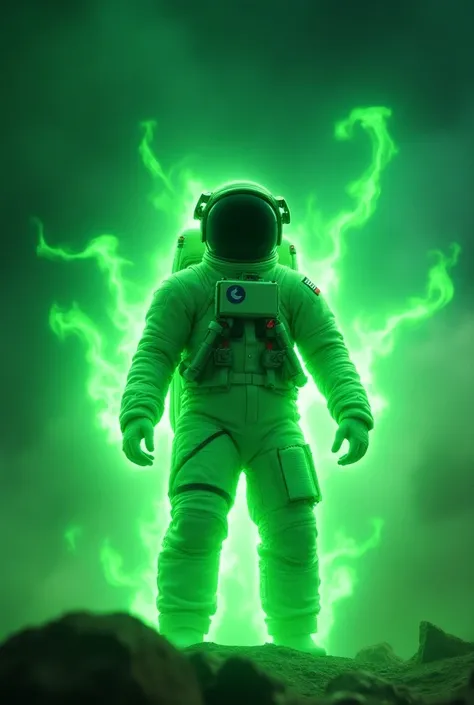 Create an astronaut and around him green flames hes a good person