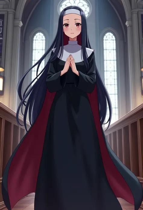  anime-style image of a woman in a nuns costume standing in a church, Black-haired anime girl with long hair, anime girl with long hair,  loose hair and long clothes , with a cape and long hair,  , digital  anime illustration ,  anime illustration 