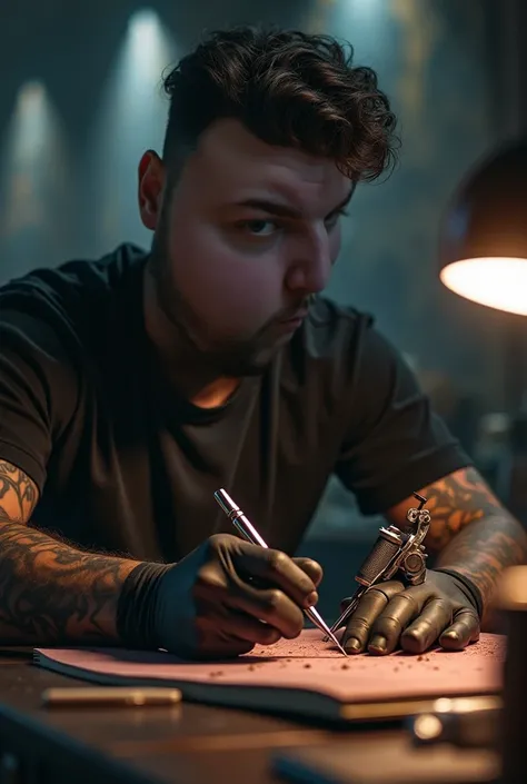  Beautiful portrait painted in matte oil ,   Tattooist on his tattoo studio table , at 30 years old,  man,  wonderful highly detailed masterpiece ,  beautiful deep focus cinematic light, elegant, digital painting, seeds,  sharp focus,  Golden Ratio ,  dram...