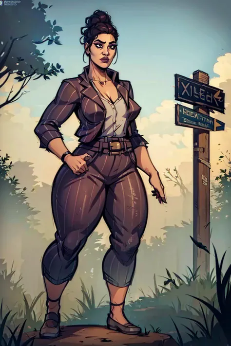 Digital art, highly detailed, angled view, sexy standing pose, mature woman, adult female, full curvy figure, whole body, form-fitting, Jane Romero (Dead by Daylight) inspired costume, pinstriped blazer, blouse, belt, pinstriped baggy pants that ends above...