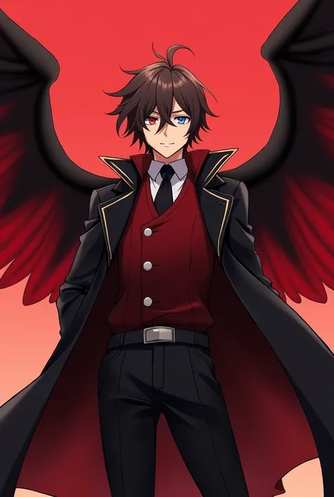 Honkai Star Rail male character, with brown hair, grey eyes on the right while red eyes on the left, wearing a black coat, with a red buttoned up shirt, and red-black gradient vest. A black tie with a red neck scarf, and a belt in his neck. The sky is red,...