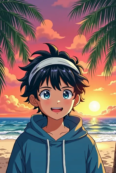 Make manga front cover like a 18 years old boy his skin color is white his eyes is round without any effects and he is wearing a blue
Color hoodie and wearing white fisherman head band
And his hairs is black and curly and he is smiling with showing teeths ...