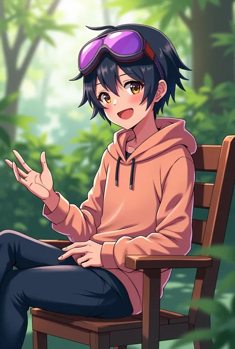 A assassin anime type boy sitting in a garden seat with a glad smile on his face wearing peach colour hoodie with a purple shade goggles from side angle 